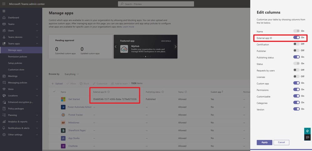 View Custom apps external app ID on Manage apps page and app details page