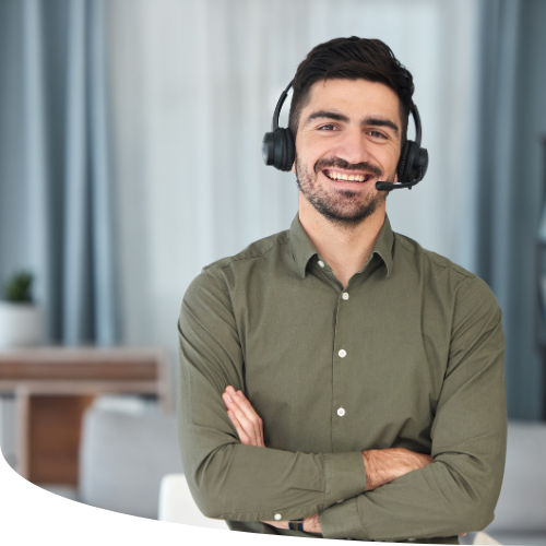 Man smiling with headset on - Zoom Virtual Agent
